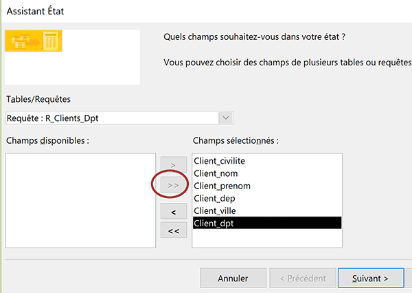 Inclure les champs de requête nécessaires pour la construction du rapport avec assistant état Access