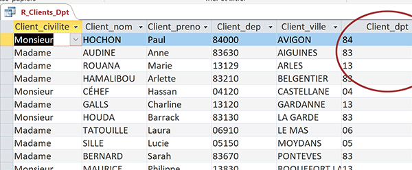 Champ calculé de requête Access pour extraire le numéro de département en fonction du code postal