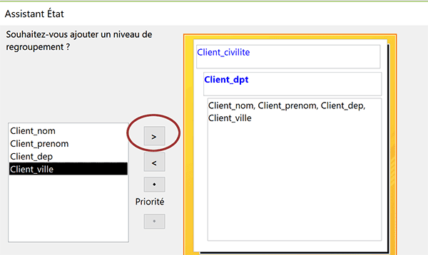 Ajouter les champs sur lesquels créer les niveaux de regroupement dans la construction du rapport Access