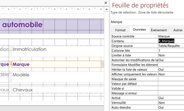 Relier contenu liste déroulante de formulaire Access à une requête de sélection des données sans doublons