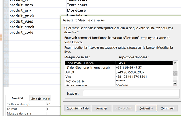 Assistant Access pour aider à construire les masques de saisie des champs plus complexes à contrôler