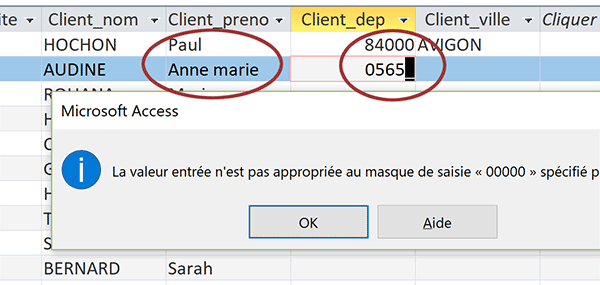 Guider et contrôler inscription des caractères dans champs de table Access par masques de saisie