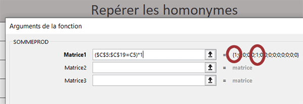 Matrice de chiffres repérant les positions identiques dans le tableau Excel