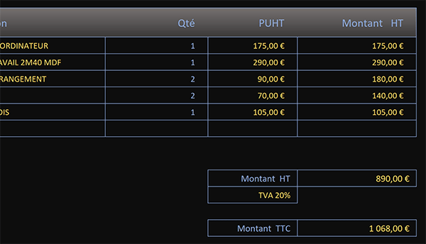 Facture Excel avec cellules de calculs protégées repérées en couleur par mise en forme conditionnelle