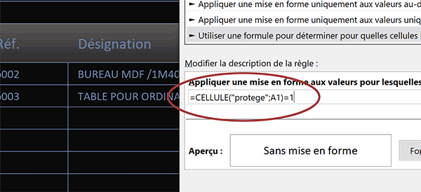 Formule de mise en forme conditionnelle Excel pour repérer en couleur toutes les cellules protégées dans la feuille Excel