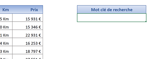 Zone de recherche pour saisie partielle mots clés et repérer les enregistrements concordants dans la base de données Excel