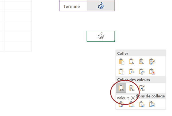 Coller seulement les valeurs des cellules Excel pour conserver la représentation graphique des émoticônes calculées