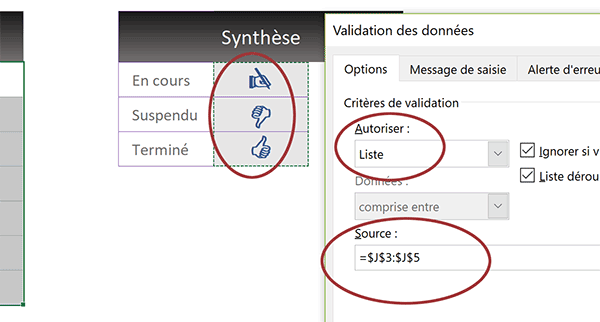 Créer une liste déroulante Excel remplie avec émoticônes graphiques