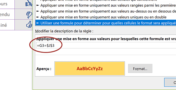 Règle de mise en forme conditionnelle Excel pour adapter dynamiquement la couleur des émojis graphiques selon état avancement projet