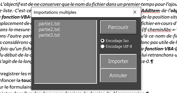 Ecrire les noms des fichiers à importer dans la boîte de dialogue Word