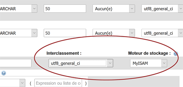 Créer nouvelle table de base de données MySql avec interclassement et moteur de stockage