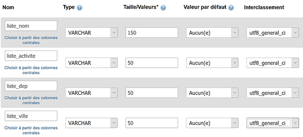 Créer et typer les champs de la nouvelle table MySql pour importer les données externes au format CSV