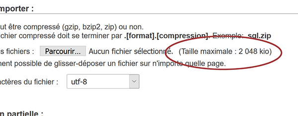 Taille limitée pour importation de données externes dans base MySql depuis PhpMyAdmin