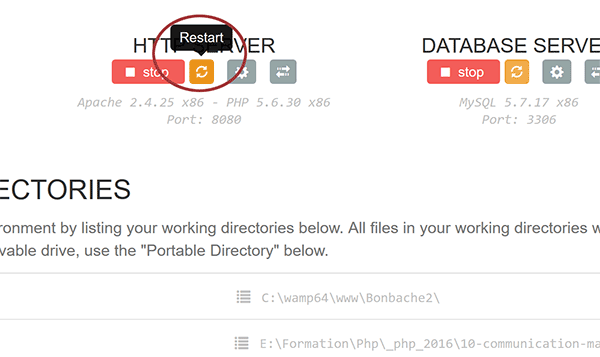 Redémarrer serveur Http pour prendre en compte modification de configuration dans fichier php.ini
