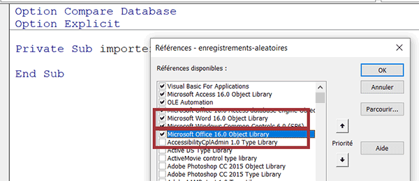 Références au projet VBA Access pour piloter Word et les bases de données