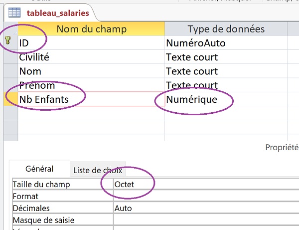 Table Access pour typer, dimensionner et formater les champs des données importées depuis Excel