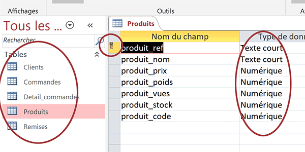 Conception de table Access avec types de données et clé primaire
