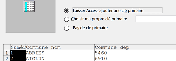 Définir champ de la clé primaire avec assistant importation de données Access