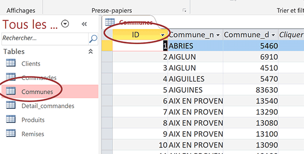 Données Excel importées dans table Access