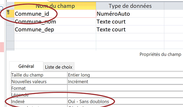 Mode création de la table Access importée pour modifier nom du champ de la clé primaire