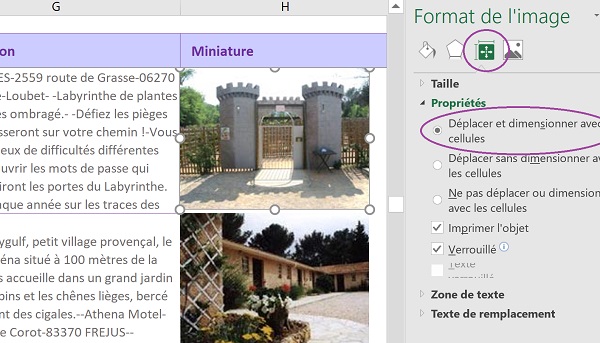 Propriétés images importées pour lien avec les cellules dans feuille Excel