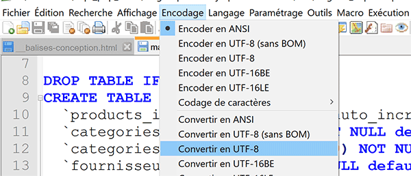 Convertir encodage fichier SQL dans Notepad avant importation UTF8 pour gérer les accents