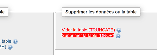 Supprimer une table de base de données MySql à cause des accents