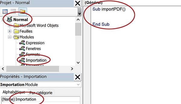 Nouveau module VBA pour importer des données PDF dans Word