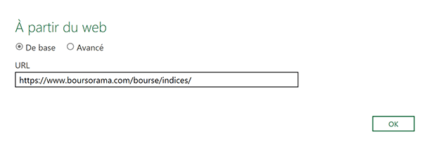 Url de la page Internet à partir de laquelle importer des tableaux Web dans Excel
