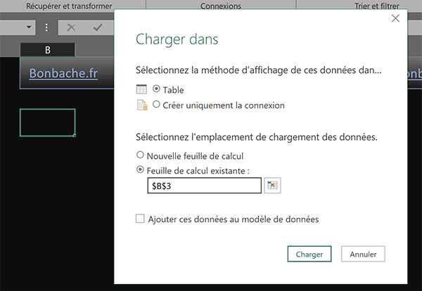 Importer un tableau Internet à partir d-une cellule de la feuille Excel