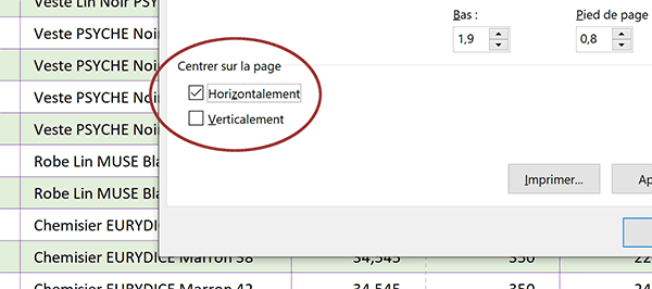 Réglage de mise en page Excel pour centrer le tableau sur la feuille durant impression