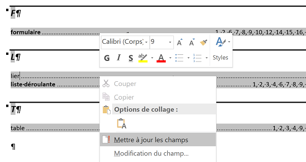 Mise à jour des informations index de recherche automatique Word