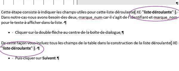 Codes de champs Word en suffixe des mots clés à référencer dans index document