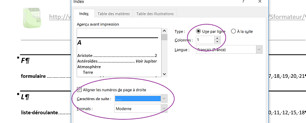 Création et personnalisation index de recherche Word des mots clés de références