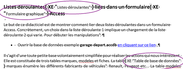 Création automatique des codes de champs pour index Word selon tableaux des mots clés à référencer