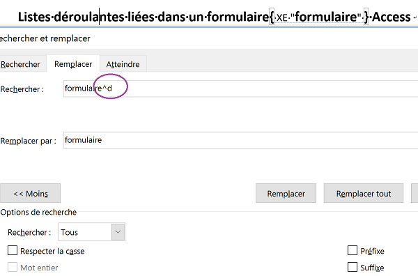 Suppression codes de champs éléments référence index recherche Word