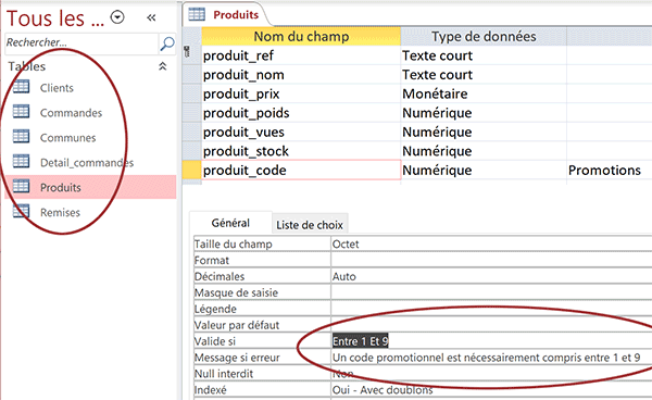 Table de base de données Access avec règles de validité sur champs