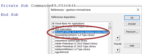 Référence au projet Access pour piloter les objets de base de données en VBA