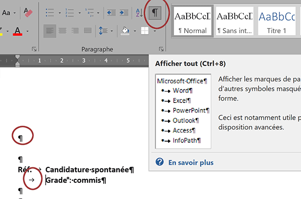 Bouton Word pour afficher les caractères invisibles dans le document