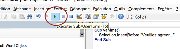 Exécuter le code de la procédure VBA Word