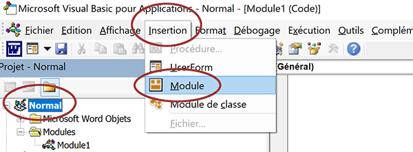 Nouveau module de code VBA Word dans le modèle Normal