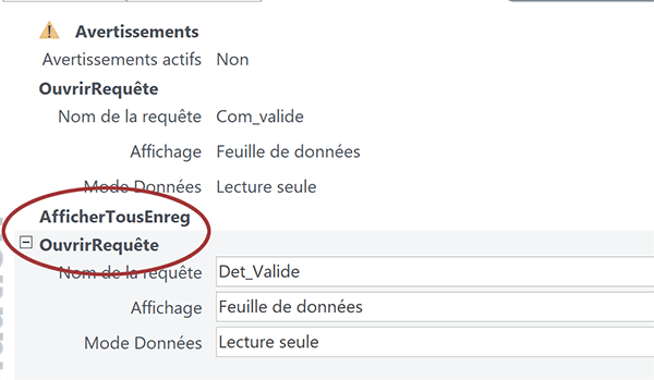 Macro Access pour exécuter la requête SQL ajoutant tout le détail de la commande du client dans la table liée