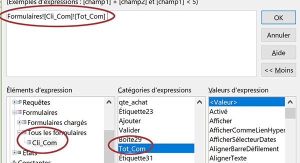 Expression dynamique de correspondance avec les contrôles du formulaire pour requête Access Ajout