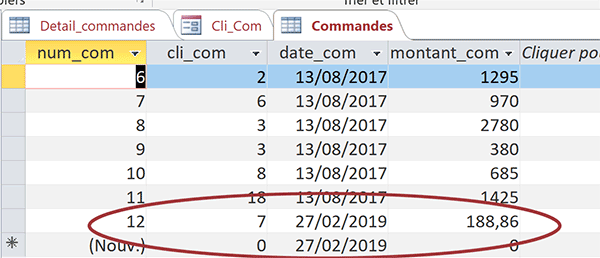Nouvelle commande ajoutée dans table par marco exécutée depuis le formulaire déclenchant requête Access Ajout