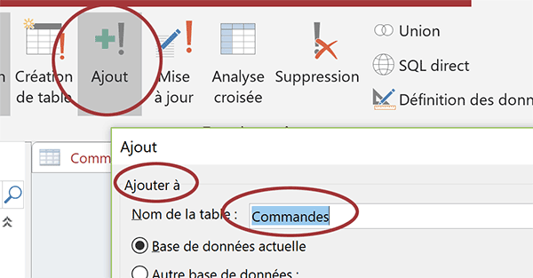 Créer une requête Ajout pour insérer les nouvelles commandes depuis le formulaire Access