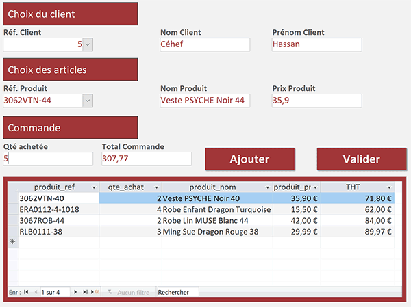 Formulaire Access pour valider la commande et archiver la facture du client