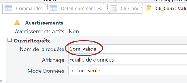 Action de macro Access pour déclencher exécution requête Ajout de la commande du client