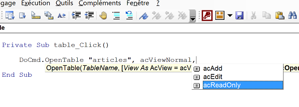 Méthode OpenTable pour objet VBA DoCmd pour ouvrir table Access
