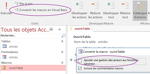 Conversion tâche automatisée de macro en code Visual Basic Access
