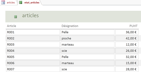 Créer état instantané sur table présélectionnée pour liaison VBA Access